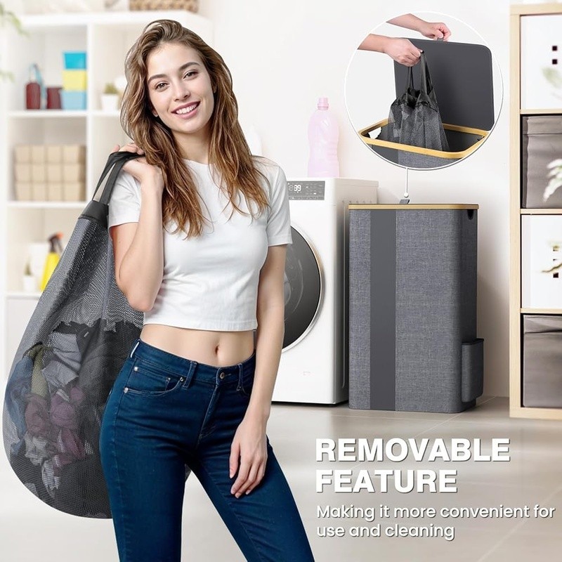 Bamboo Laundry Hamper W/ Removable Mesh Bag Breathable Side Pocket 100L Capacity