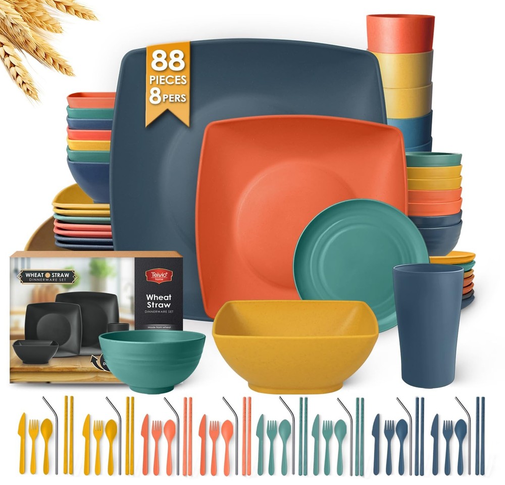88 Piece Kitchen Plastic Wheat Straw Square Dinnerware Sets for 8