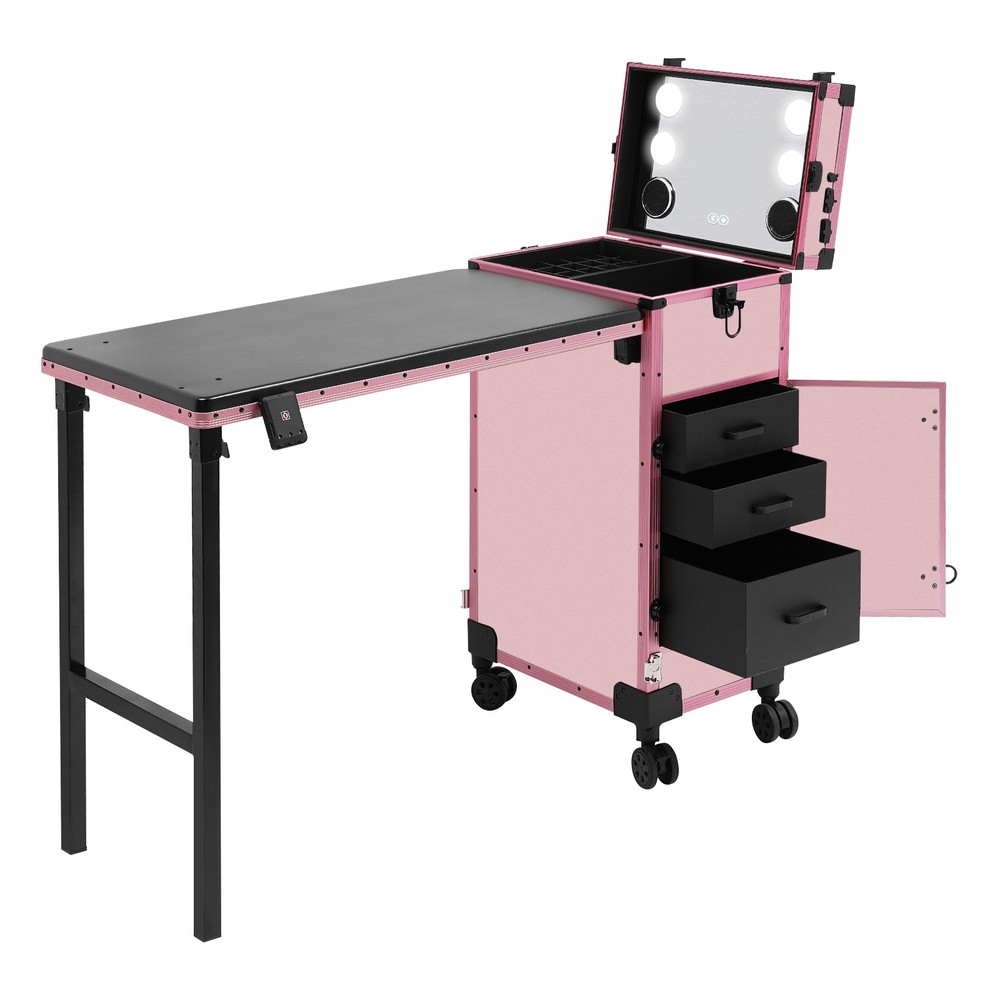 Rolling Makeup Case With Mirror Light Bluetooth Speaker Black Pink Lockable