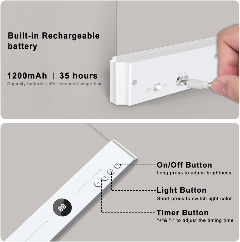 Rechargeable LED Book Light with Timer, 3 Colors, Dimmable, Eye Protection