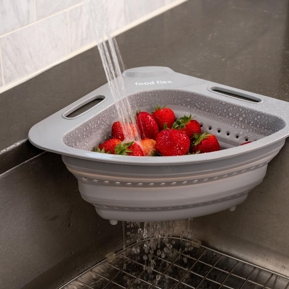 Collapsible Corner Colander – Space-Saving Over Sink Strainer, 3.5 Qt, Gre