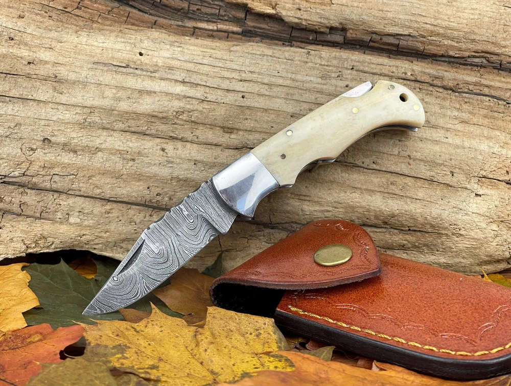 Damascus Folding Pocket Knife With Small Defects Handmade (See Description)