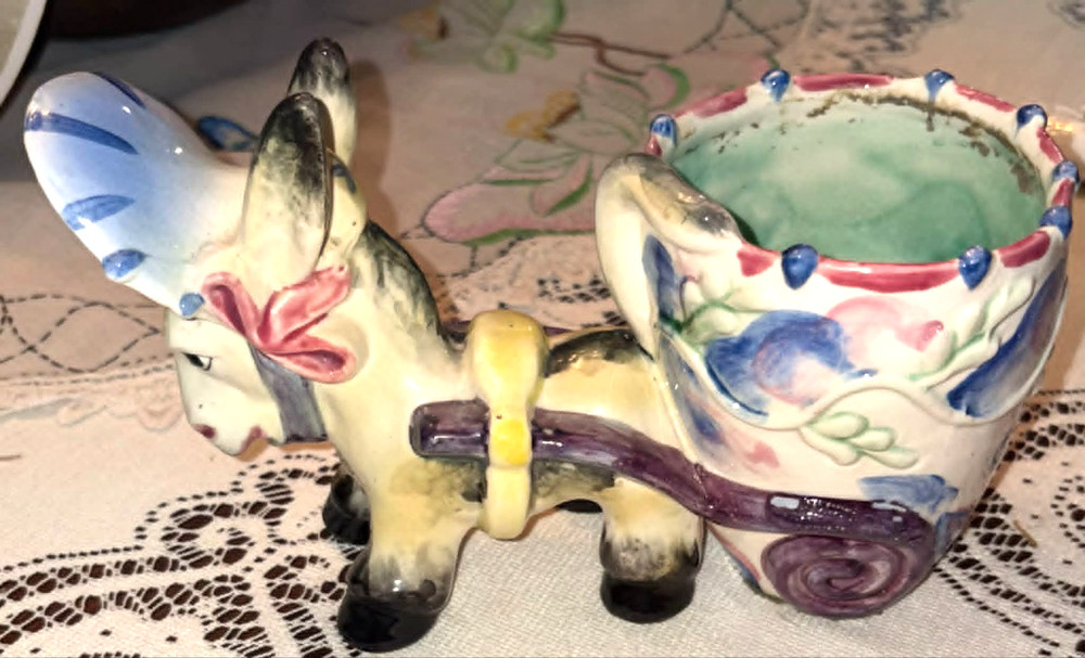 Vintage Donkey / Burro Pulling Cart Decorative PLANTER