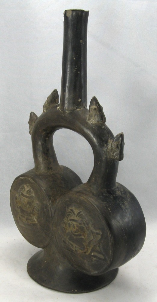 Chimu Blackware Stirrup Bottle with Double Chamber, Inca Influence, Frogs