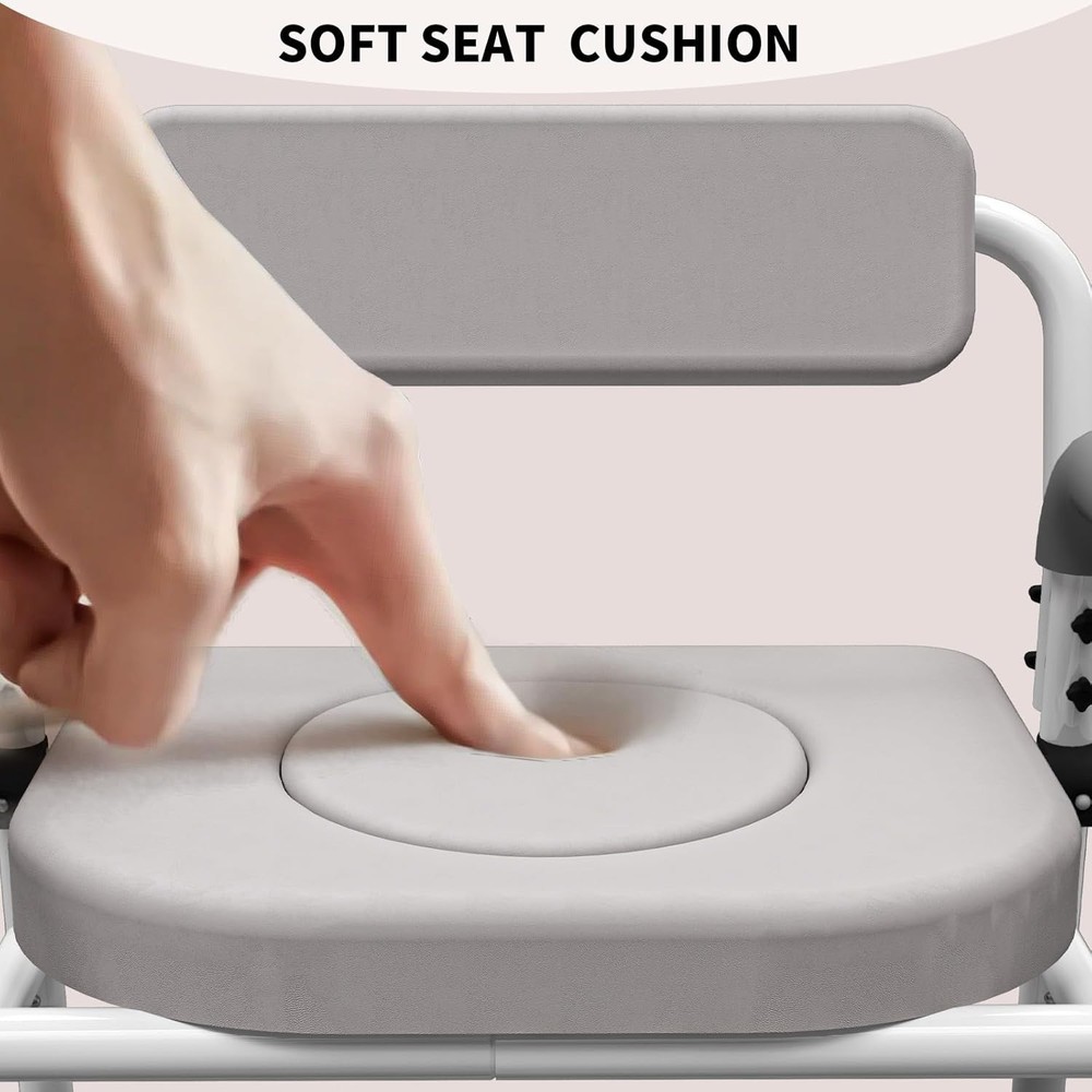 Adjustable Medical Bedside Commode Chair with Padded Backrest, Drop Arm Support