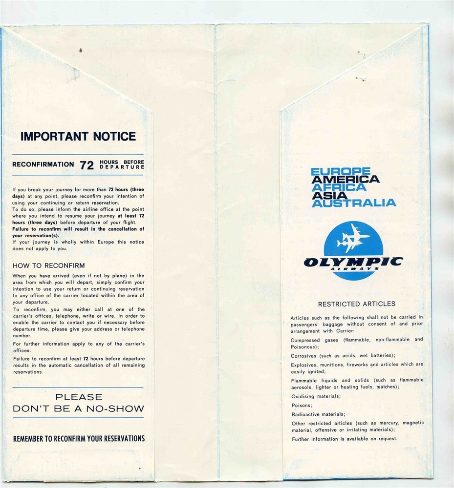 Olympic Airways Ticket Jacket Tickets Notepad Comment Form Notice to Passengers