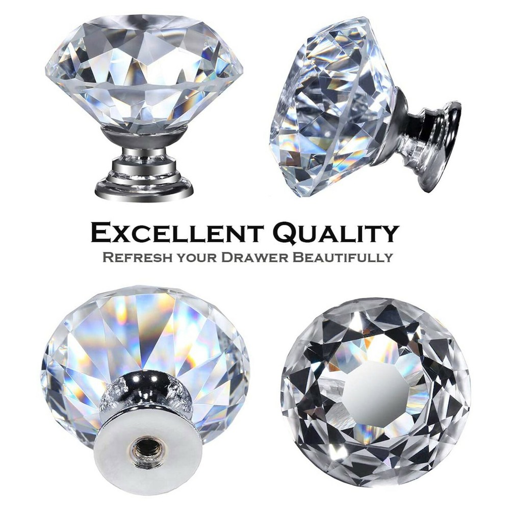 10Pcs Crystal Glass Cabinet Knob Diamond Shape 30mm Drawer Cupboard Handle Pull