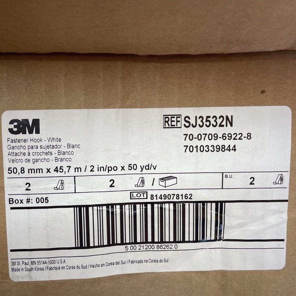 (2) 3M SJ3532N White Hook Fastener Adhesive Back 2"x 50yd Rolls