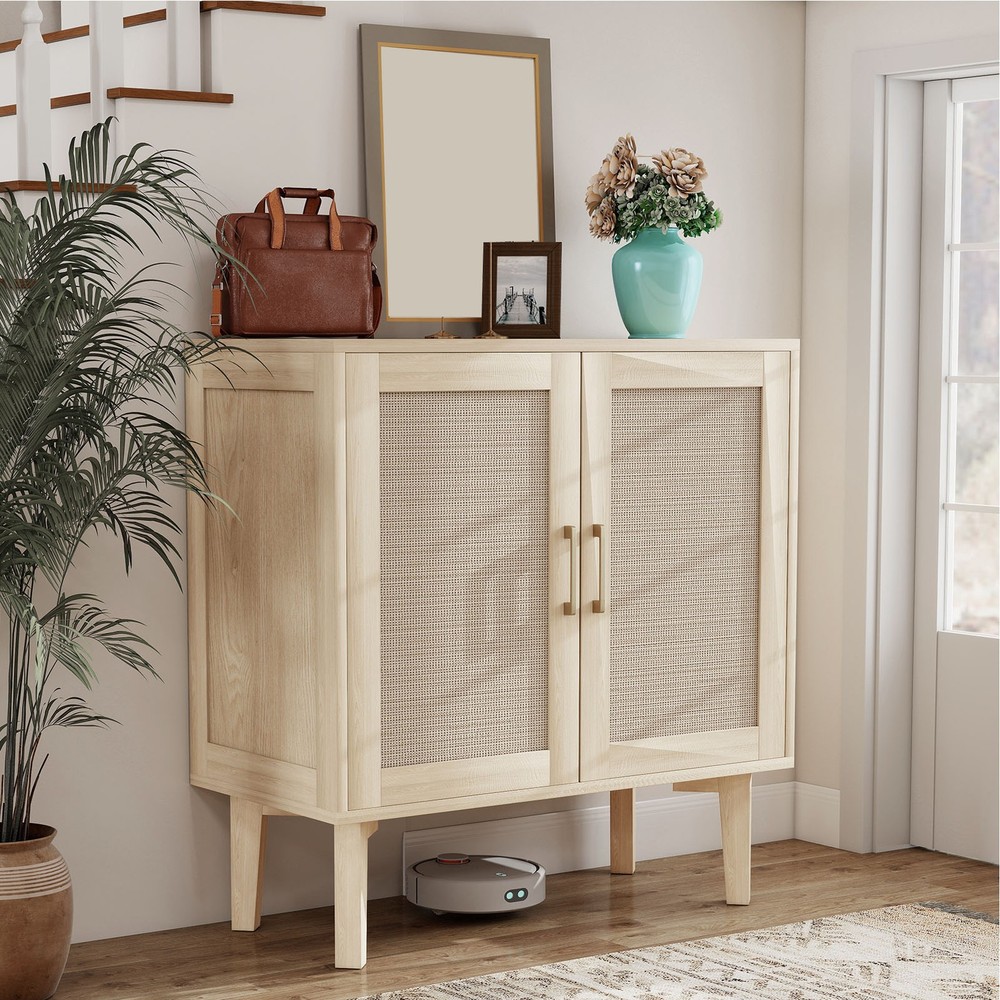 Buffet Cabinet With Rattan Decor Doors Solid Wood Feet Multifunctional PHPF