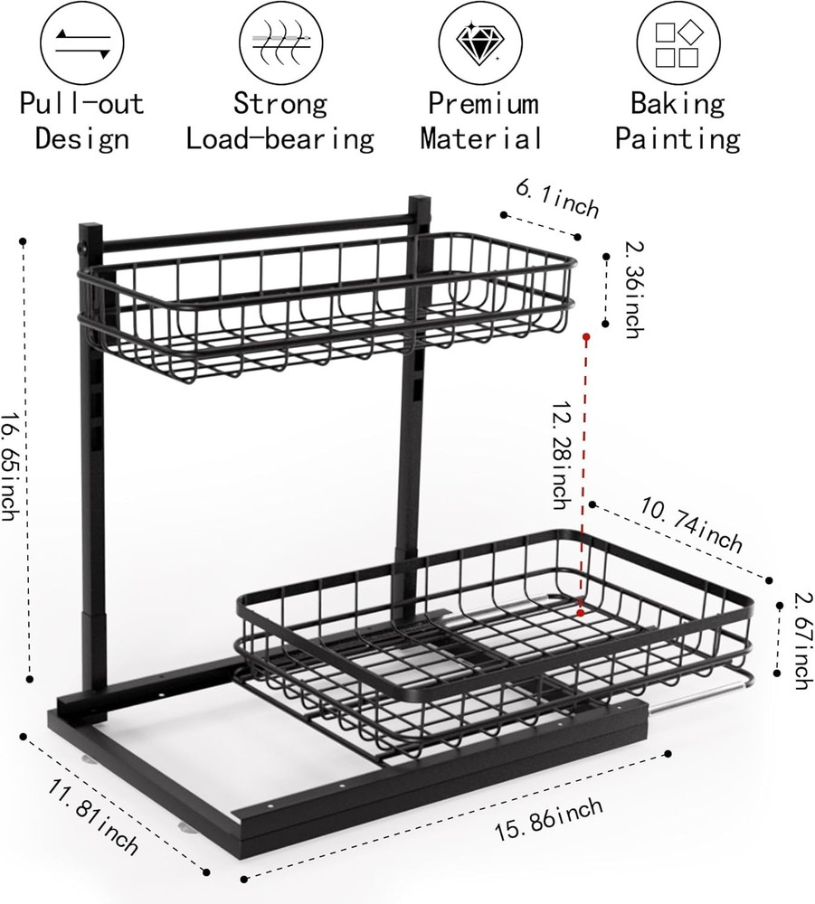 Under Sink Organizer Adjustable Height Pull-Out Kitchen Storage