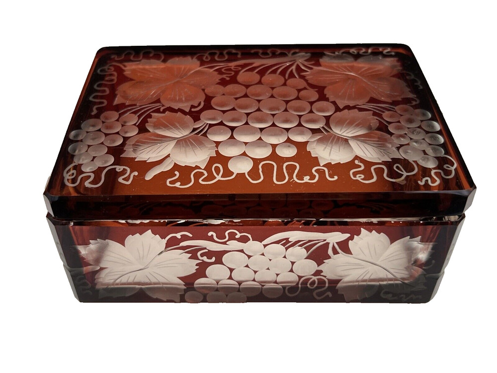 Vintage Ruby Stained Cut Glass Engraved Grape Vine Lidded Glass Cigarette Box
