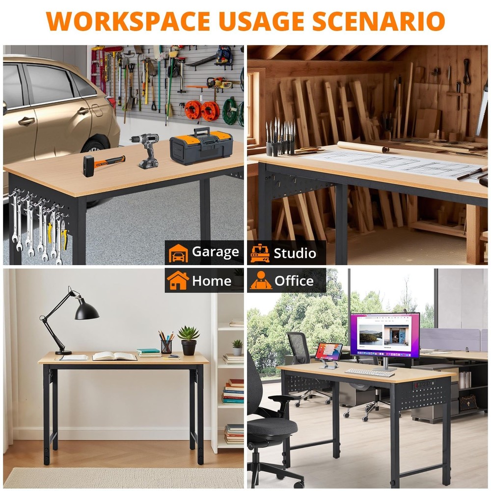 Adjustable Height Workbench with Power Outlets 2000LBS Wood Work Table