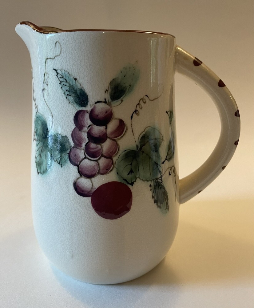Vtg Ceramic Pitcher & Cups | Hand Painted Grape Design Jug Glasses