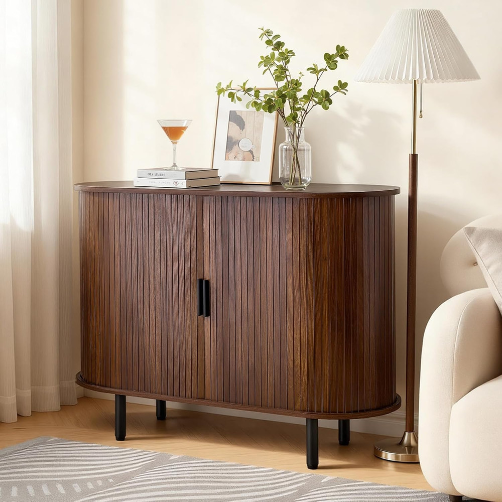 Mid Century Coffee Bar Cabinet with Storage & Sliding Doors, Walnut