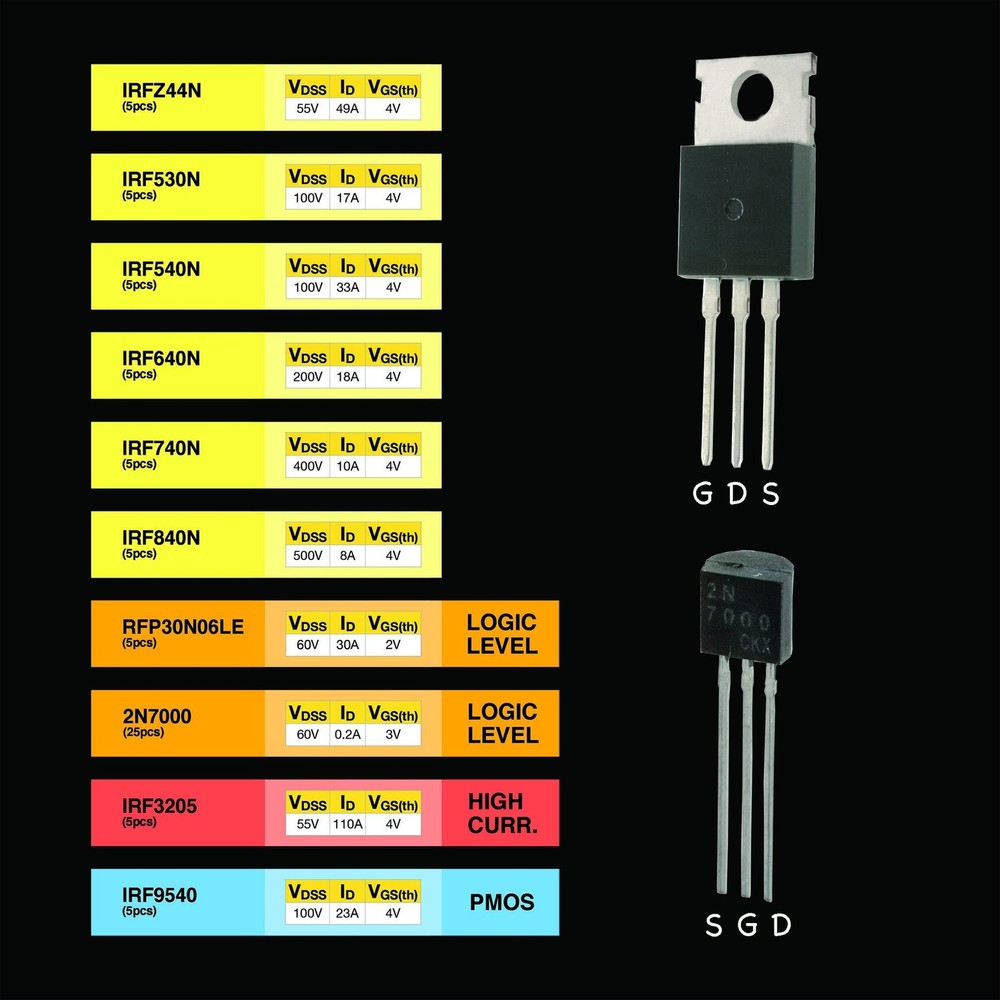 EEEEE 10 Values 70 Pcs Logic Level PMOS NMOS Kit MOSFET Transistor Assortment...