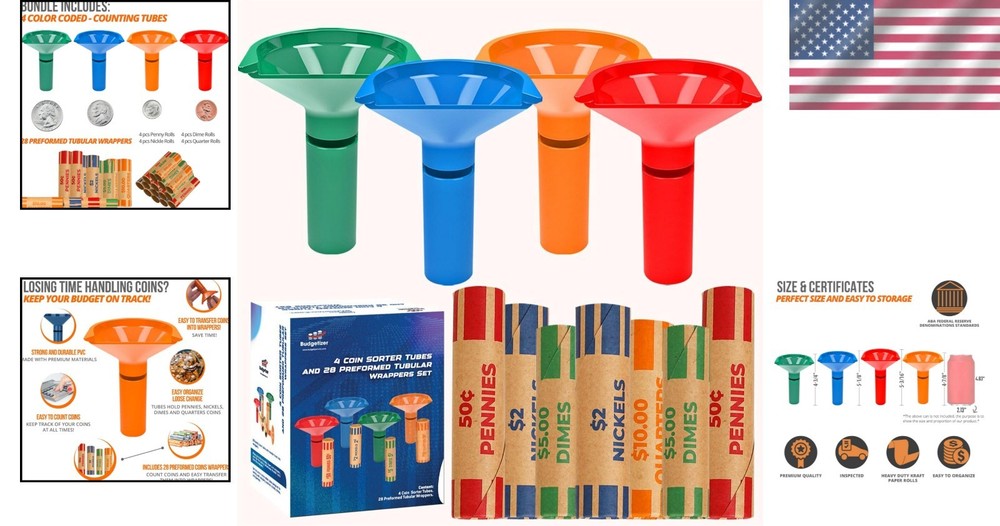 Effortless Coin Sorting – 4 Color Coded Tubes & 28 Preformed Wrappers Set