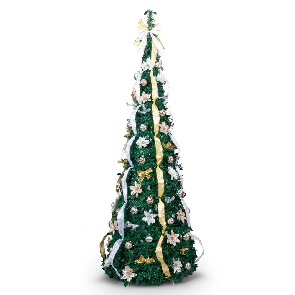 7FT Fully Decorated Pre-lit Christmas Tree, Pop Up Artificial Xmas Tree w/ Light