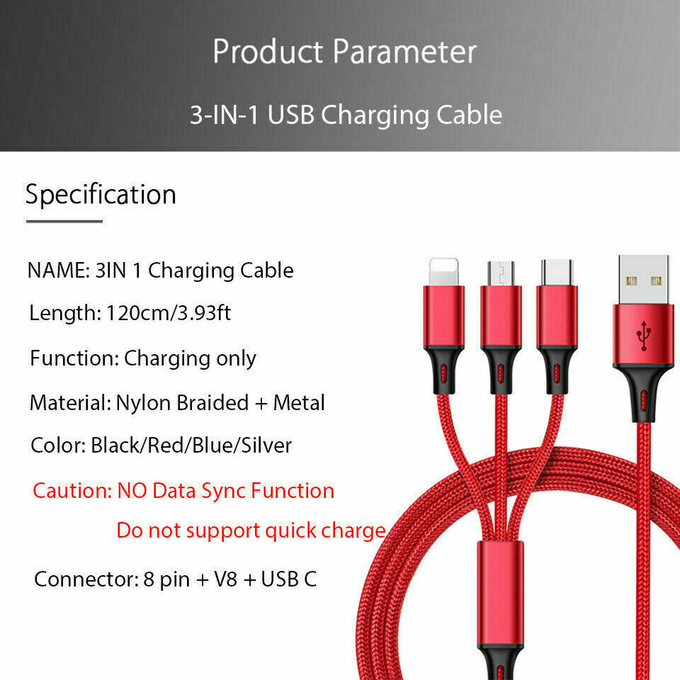 3 in 1 Fast USB Charging Cable Universal Multi Function Cell Phone Charger Cord