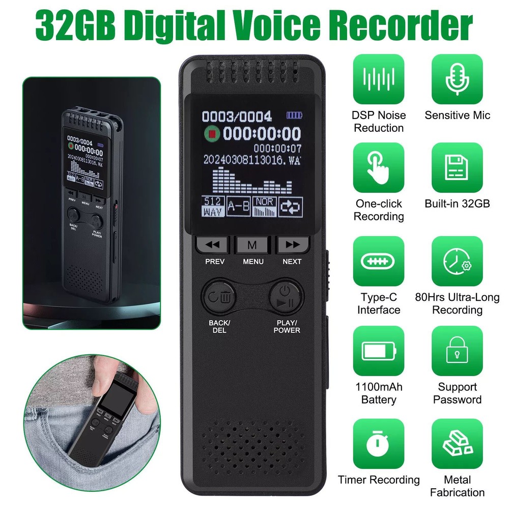 32GB Digital Voice Recorder Playback Device Lectures Activated Audio Recorders