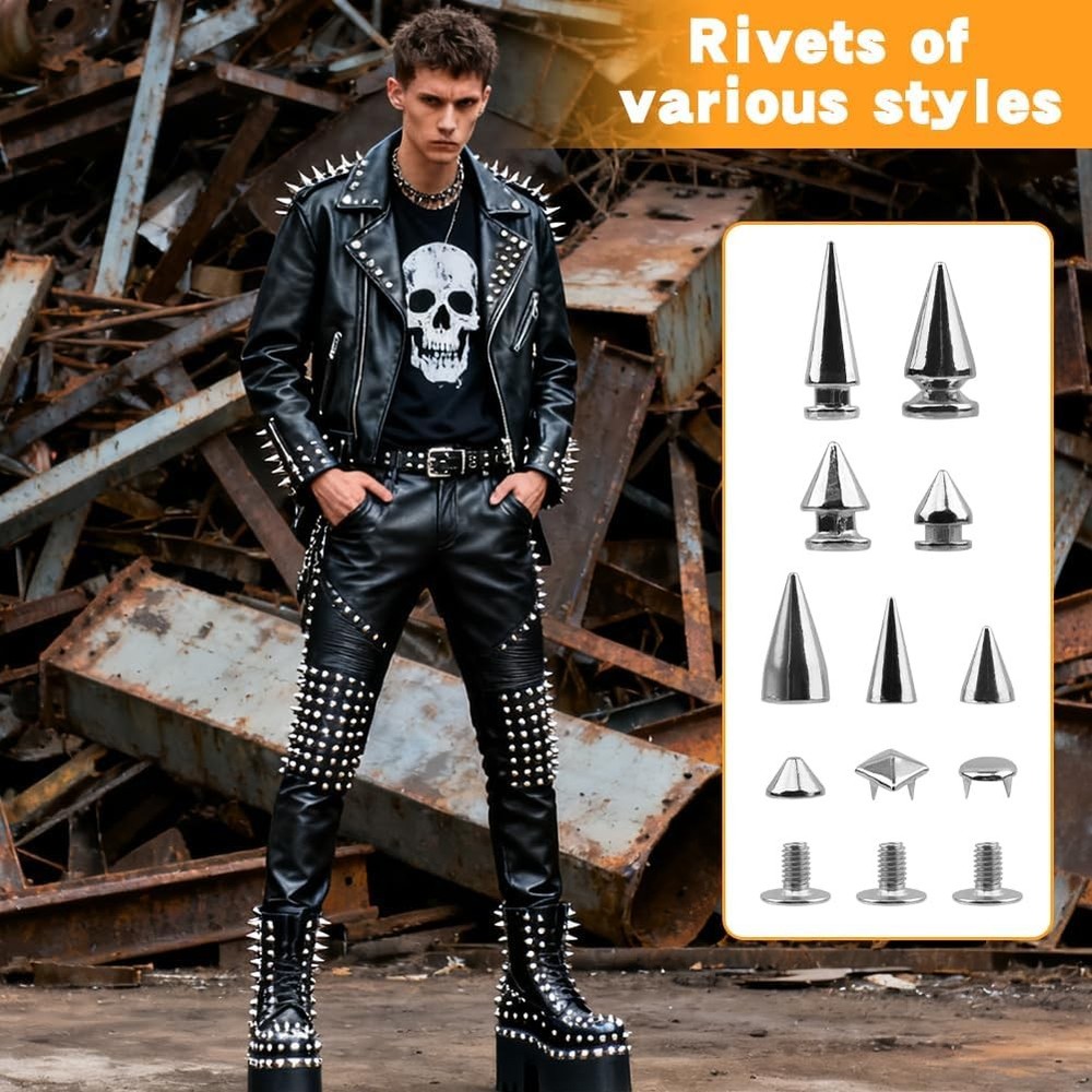 455 Sets Punk Studs and Spikes Kit - 8 Size Cone Spikes & Square Studs for Cloth
