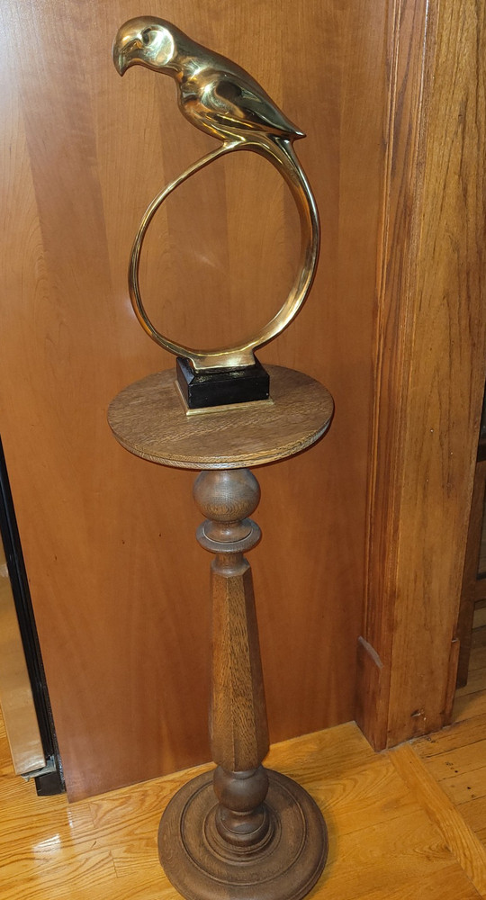 Mid Century Modern Solid Brass Parrot on Round Perch Wood Base 18" Tall ~ 6 LBS