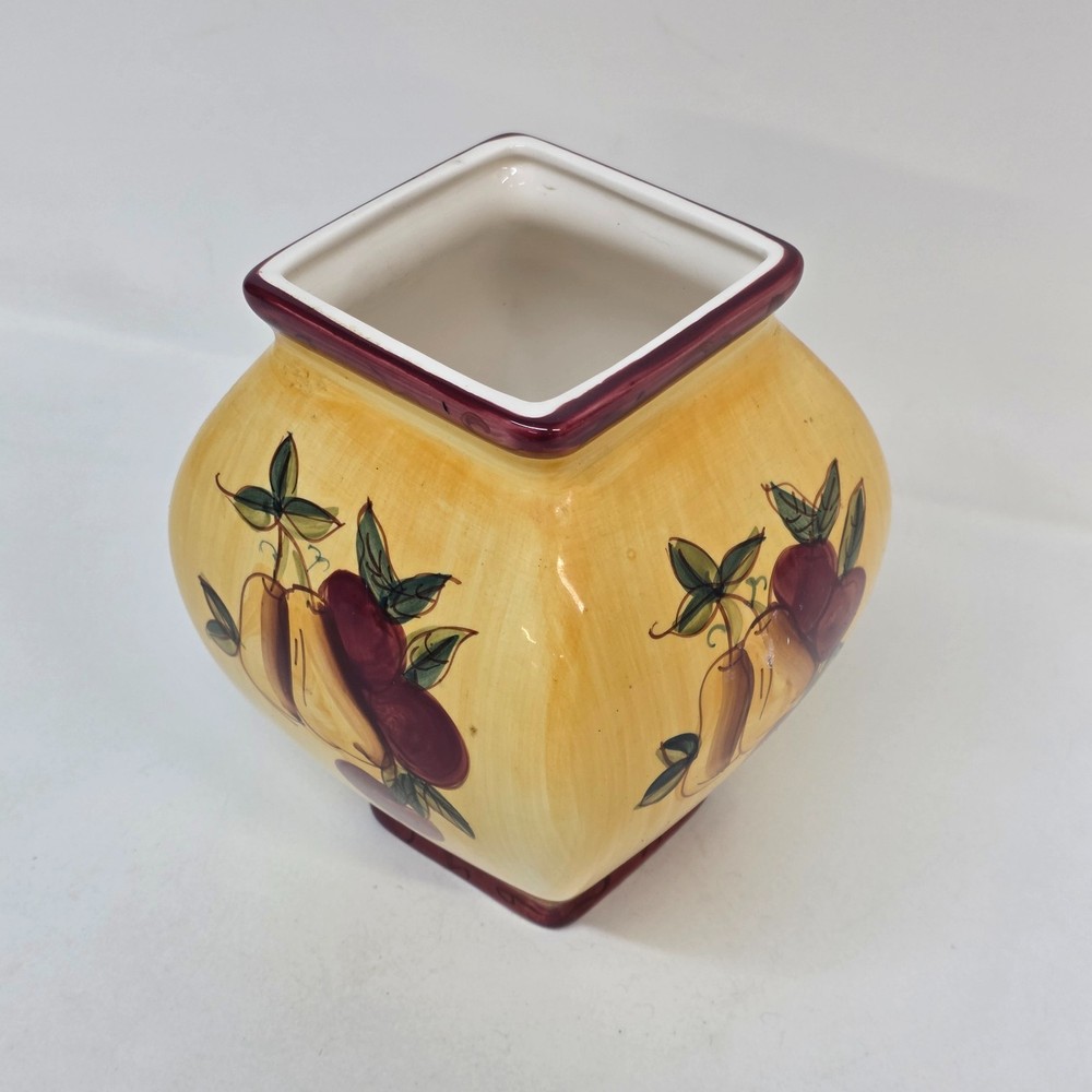 Hand-Painted Ceramic Square Vase with Fruit Design – Rustic Country Kitchen Deco
