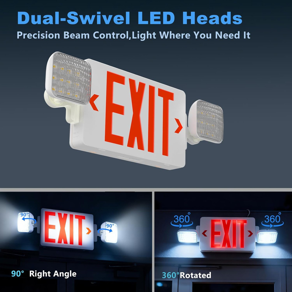 Exit Signs with Emergency Lights, Adjustable Double Head - Hardwired with Batter