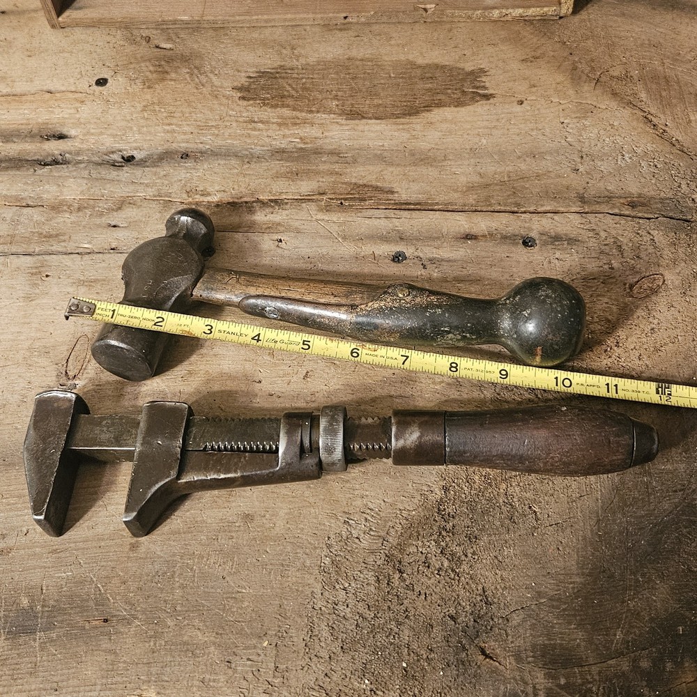 VINTAGE BLACKSMITH HAMMER & ADJUSTABLE MONKEY WRENCH TOOL LOT - UNUSUAL TOOLS -