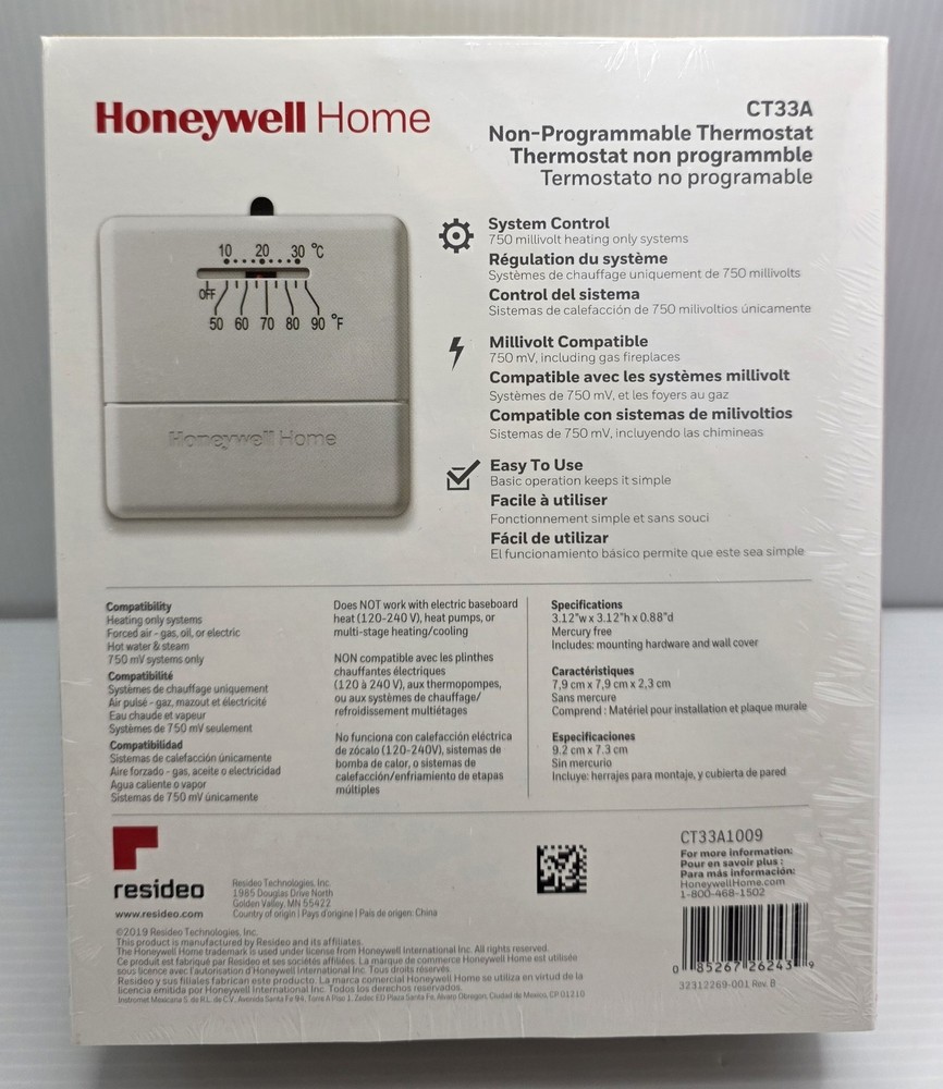 HONEYWELL HOME CT33A HORIZONTAL NON-PROGRAMMABLE THERMOSTAT TEMP CONTROL HEAT