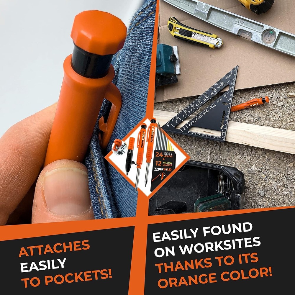 Carpenter Pencil Set: 38 Leads, Sharpener, Finger Grip - Fine Point Marking Tool