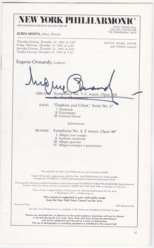 Eugene Ormandy Signed New York Philharmonic Program