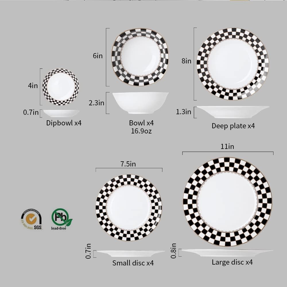 Porlien Checker Pattern 20-piece Round Dinnerware Set for 4, Black/White