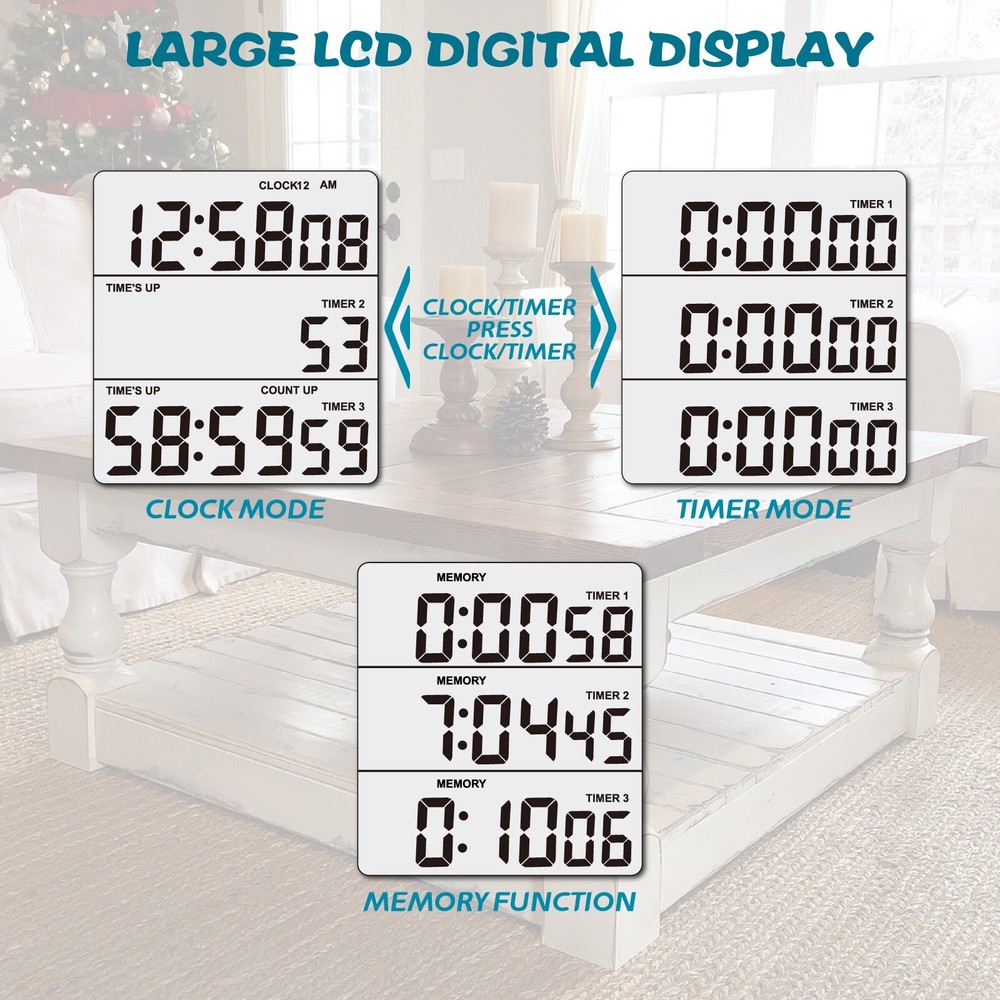 Digital Timer with Large LCD 3 Channel,Kitchen Timer,Count Down Up