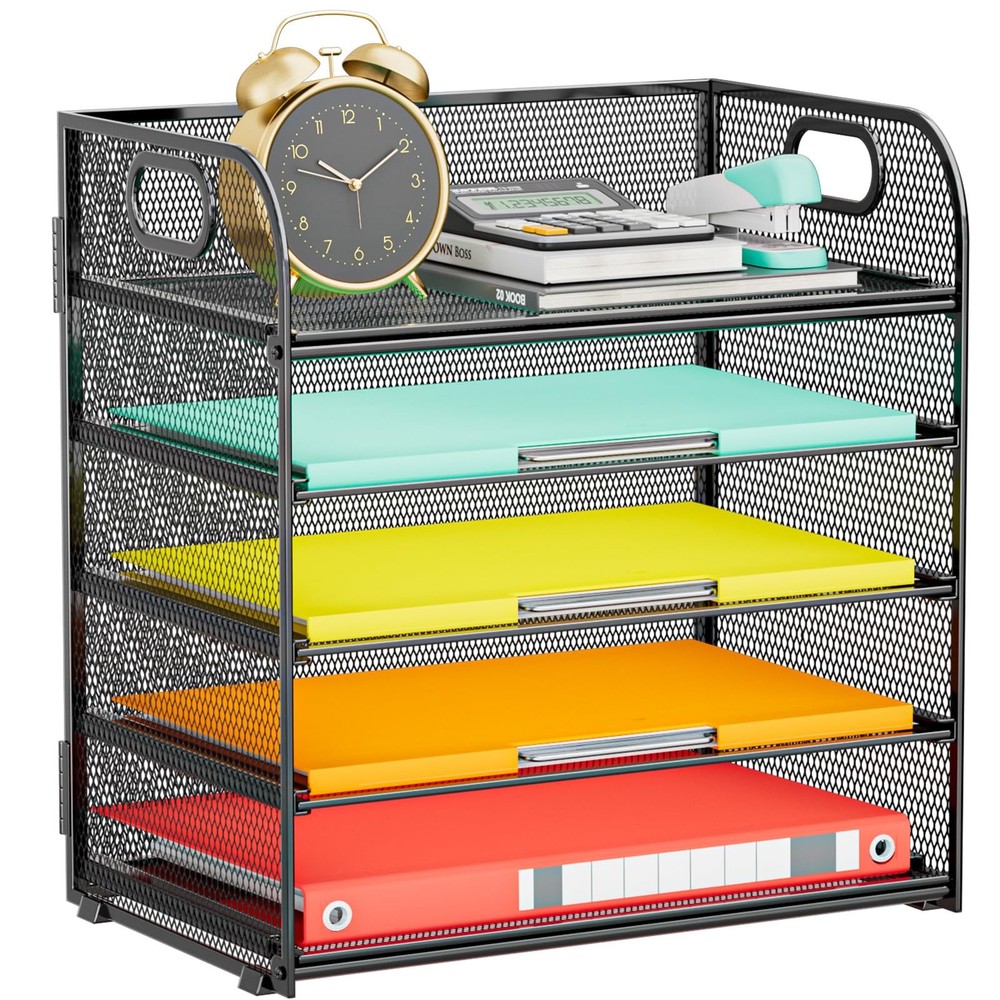 Paper Organizer Letter Tray with Handle, 5-Tier Black Stackable Desk Organize...