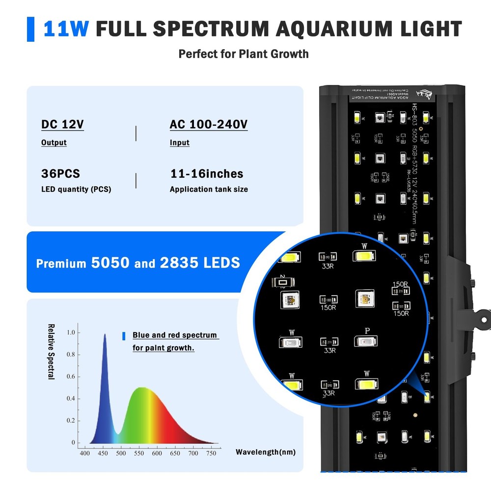LED Aquarium Light, 24/7 Mode Clip on Fish Tank Light with Memory Function, D...