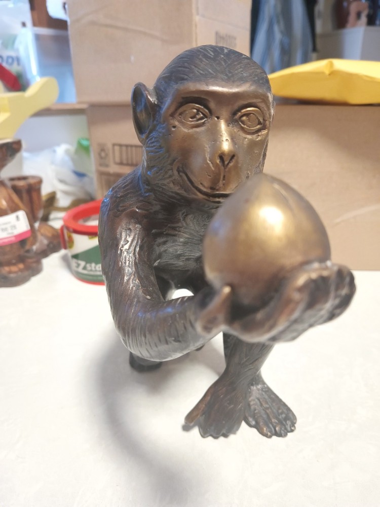 Cast Bronze Monkey offering Fruit 8"h 9"l
