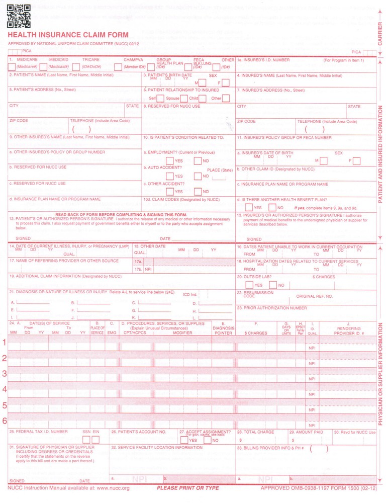 NEW CMS 1500 Claim Forms - HCFA (Version 02/12) - 1500 SHEETS