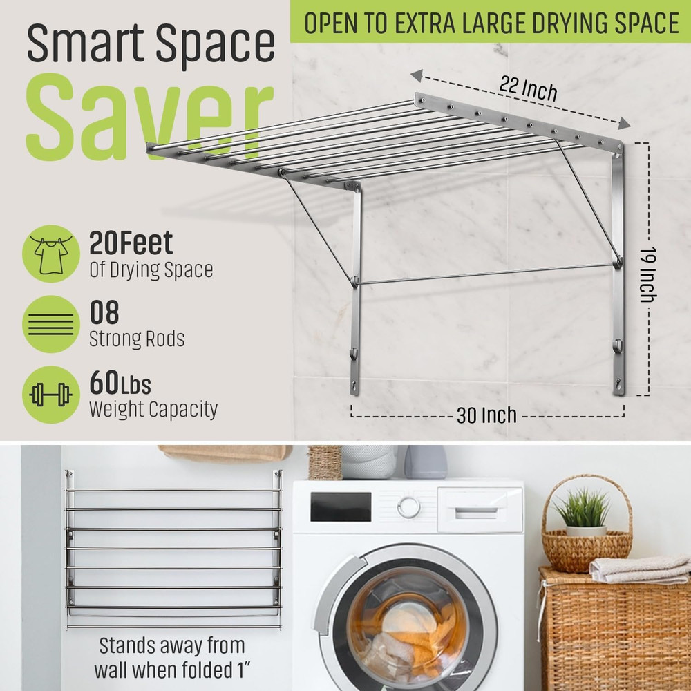 Wall Mounted Clothes Drying Rack - 30" Wide, 20ft Capacity, Sturdy Design