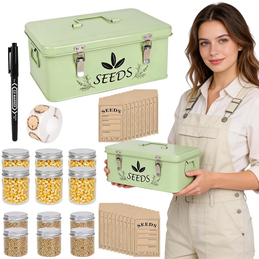 Mint Green Seed Storage Organizer Box with Vials, Envelopes & Labels Kit