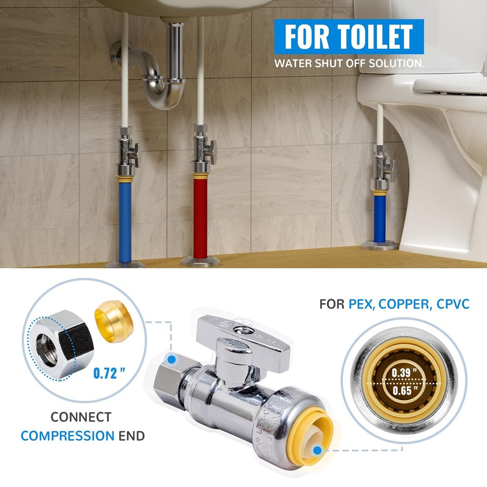 Straight Stop Valve, 2-Pack 1/2" x 3/8" Comp., 2 Pack