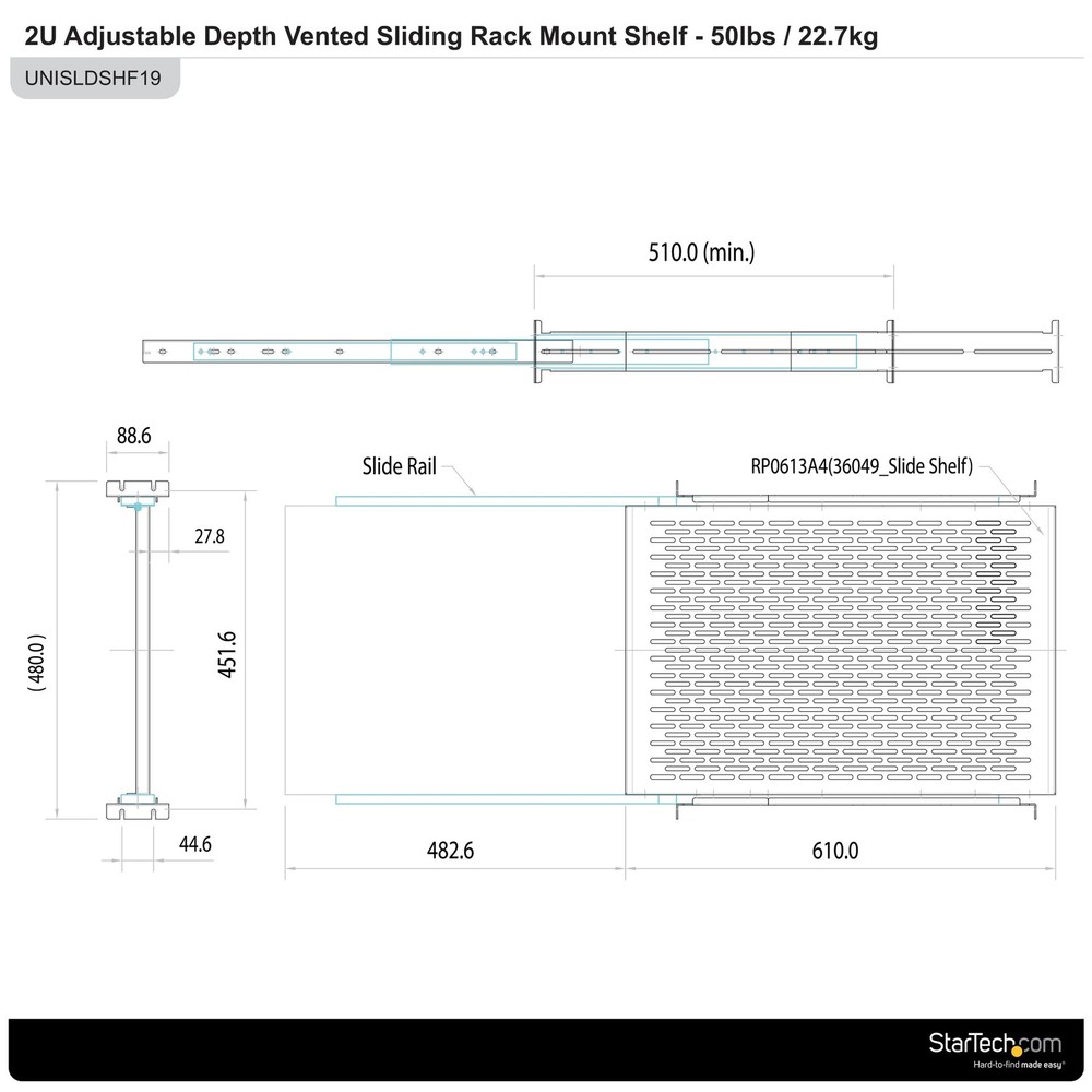 StarTech 2U Adjustable Mounting Depth Vented Sliding Rack Mount Shelf - 50lb