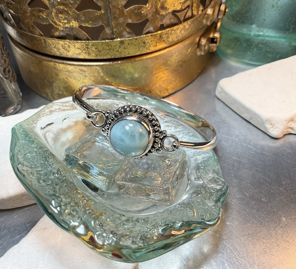 Genuine 925 Sterling Silver Larimar Gemstone Solid Clasp Bangle