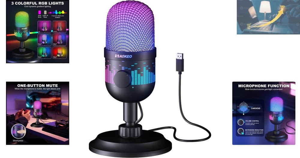 Multi-Device USB Condenser Microphone with Background Noise Reduction & RGB