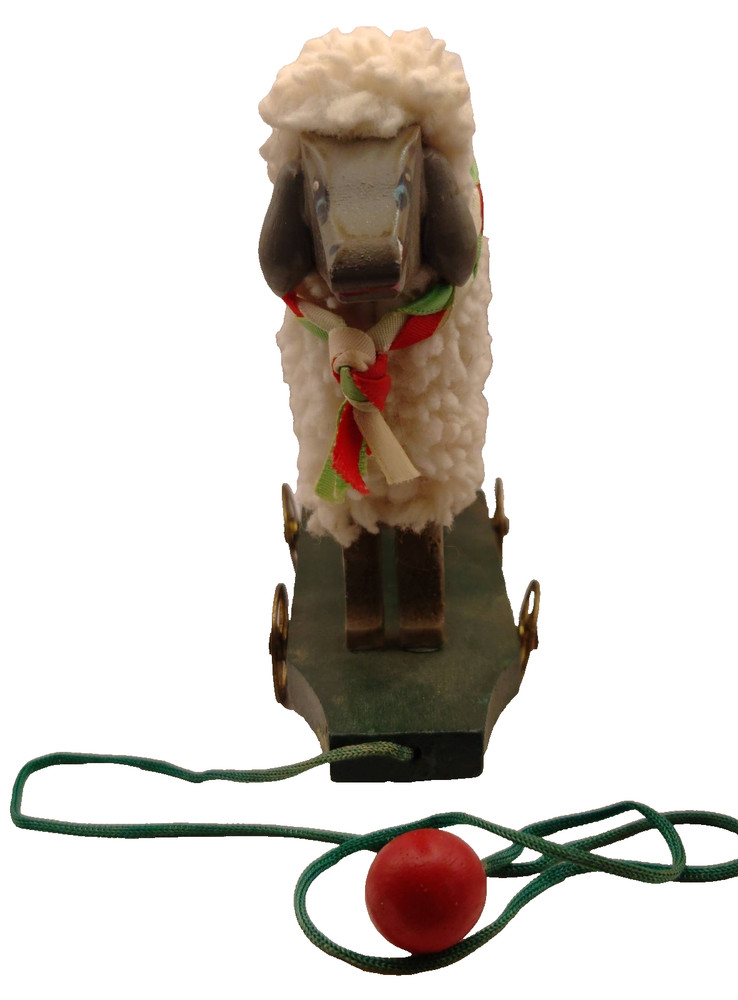 Rustic Miniature Wooden and fFleece Sheep Pull Toy