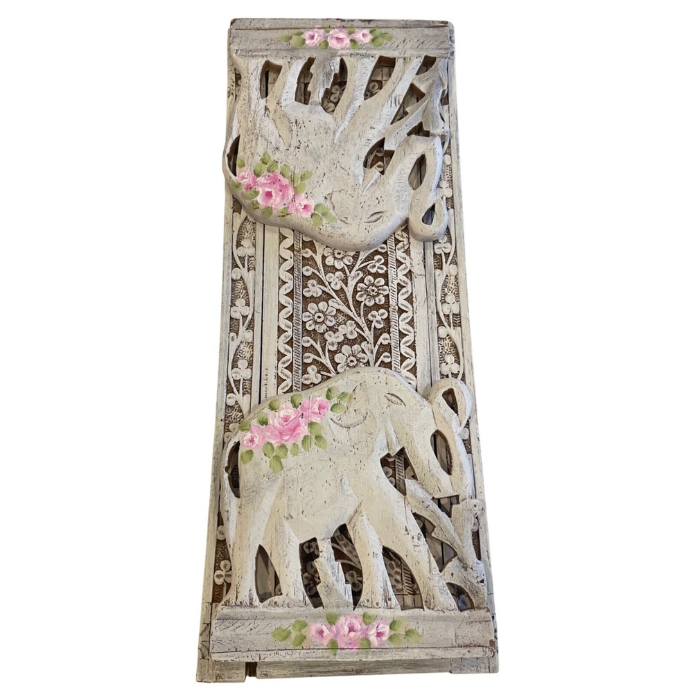 Carved Elephant Folding Book Rack Holder Hand Painted Chippy Boho Shabby Signed