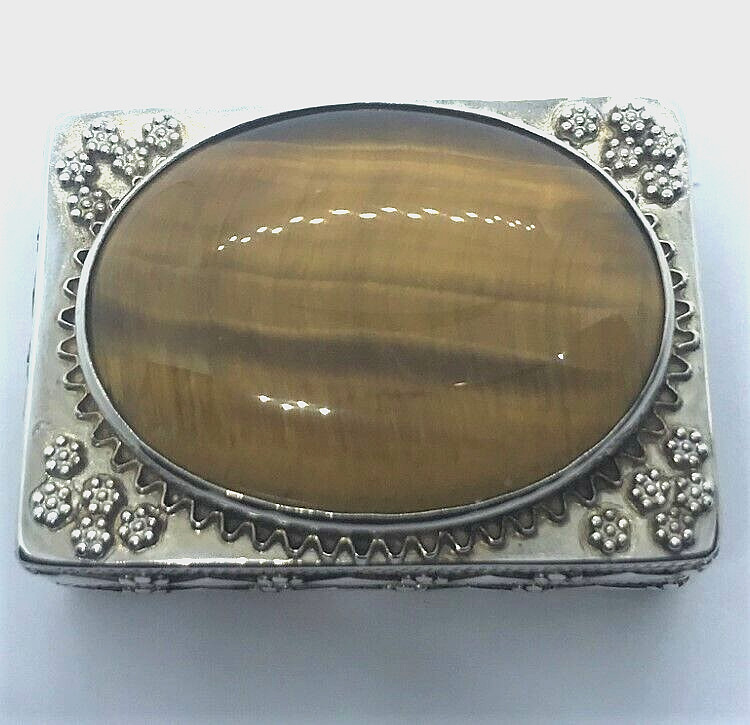 Hallmarked solid silver Tiger eye trinket box