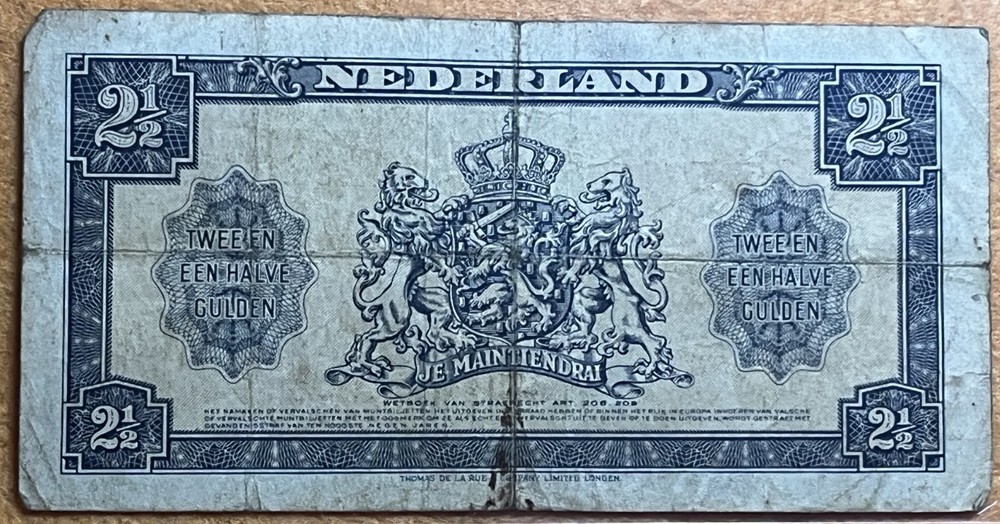 Netherlands 1945 2 1/2 Gulden Banknote