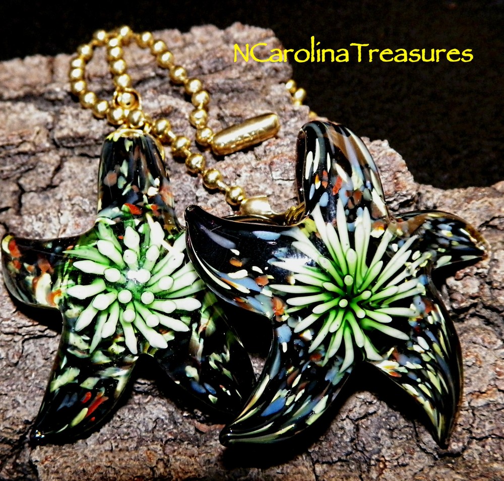 STAR STARFISH GREEN BLACK BURST GLASS CEILING FAN SWITCH PULL PULLS LARGE PAIR