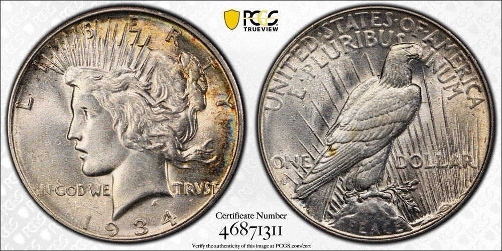 1934-D Peace Dollar Toned PCGS Rainbow Everyman