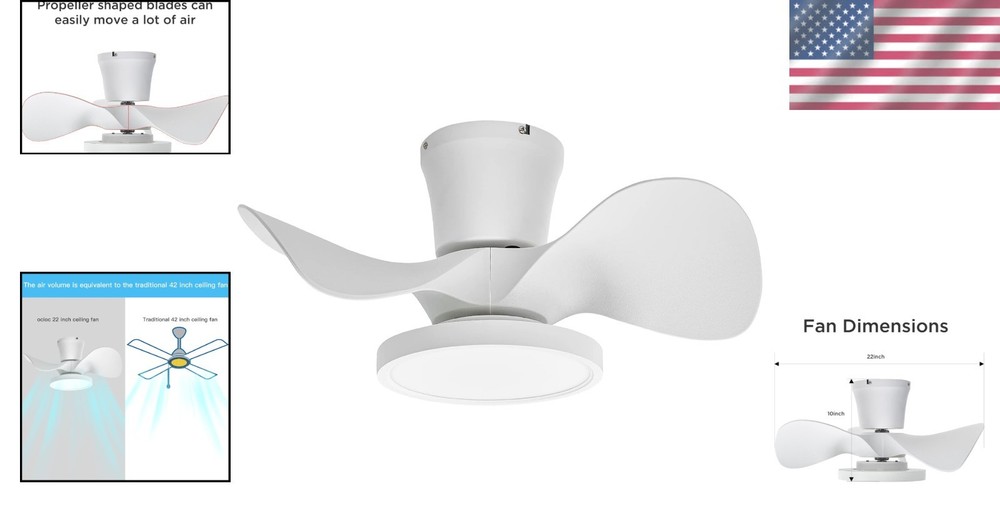 22-Inch Quiet Ceiling Fan with LED Light & Remote Control - Stylish & Functional